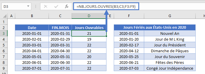 jours ouvrables mois fonction nb jours ouvres