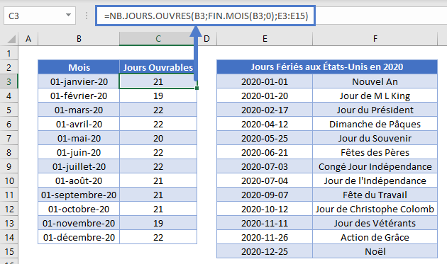 jours ouvrables mois fonction principale exemple