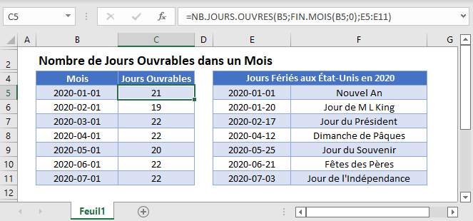 jours ouvrables mois fonction principale