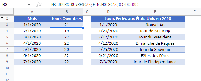 jours ouvrables mois google sheets