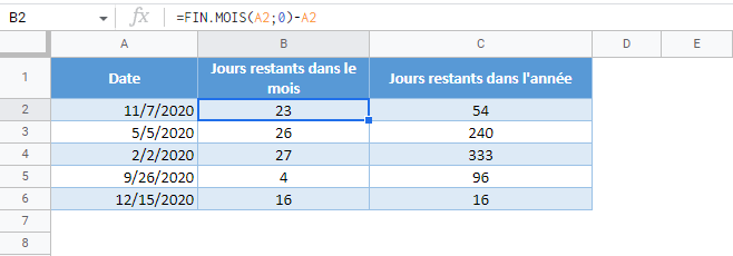 jours restants mois annee google sheets