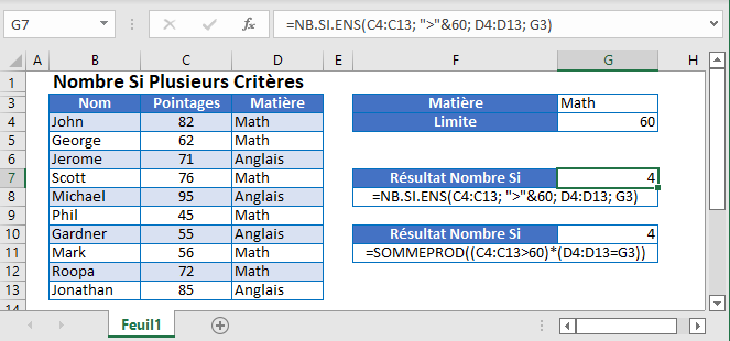 nombre si plusieurs criteres fonction principale