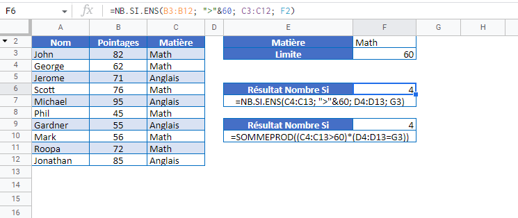 nombre si plusieurs criteres google sheets