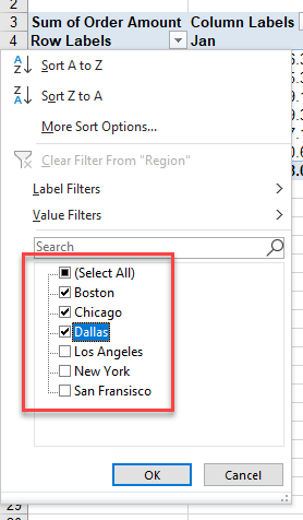pivottable filter select