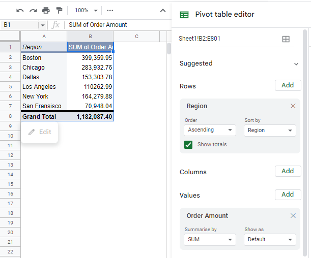 pivottable gs select fields