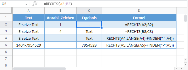 rechts formel google sheets