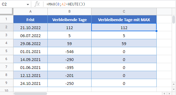 rueckwaertszaehlen verbleibende tage google sheets