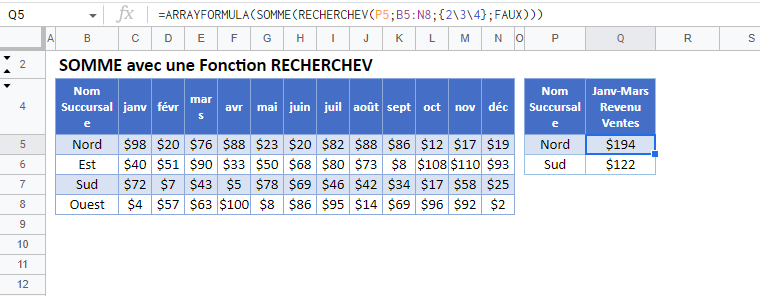 somme recherchev google sheets