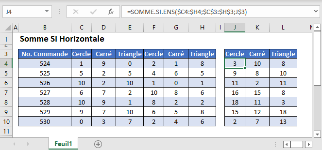 somme si horizontale fonction principale