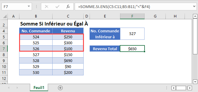 somme si inferieur egal fonction principale