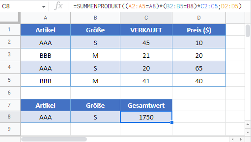 summenprodukt formel google sheets