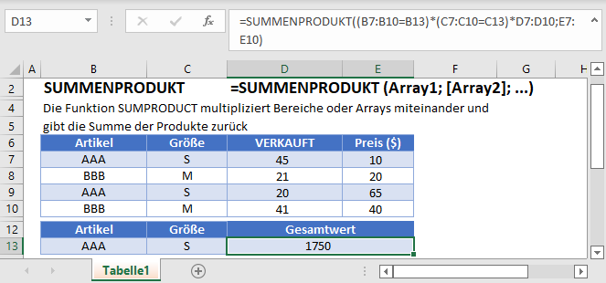 summenprodukt formel hauptfunktion