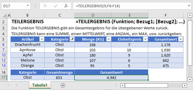 teilergebnis formel hauptfunktion