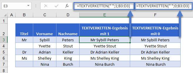 textverketten formel mit 1 und 0
