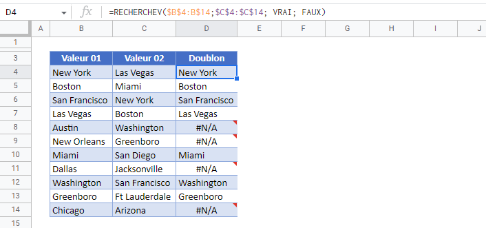 trouver doublons fonction recherchev google sheets