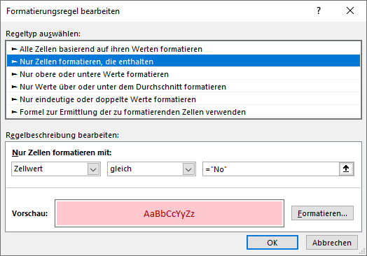 wenn formel bedingte formatierung einstellen