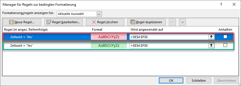 wenn formel bedingte formatierung regelmanager