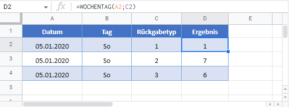 wochentag formel google sheets