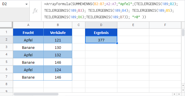 zwischensumme wenn google sheets