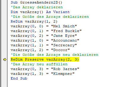 2D array index ausser bereich fehlerhafte zeile