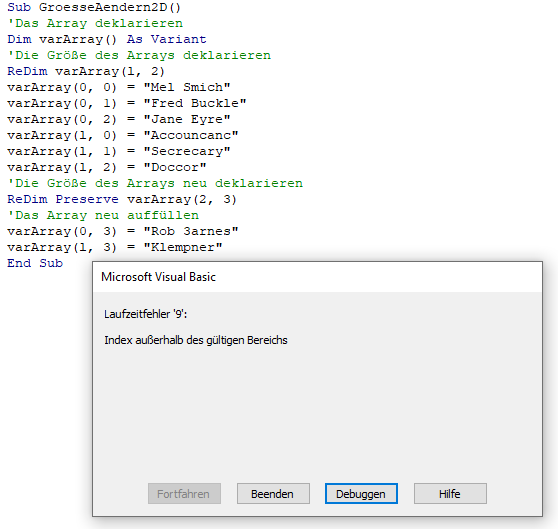 2D array index ausser bereich