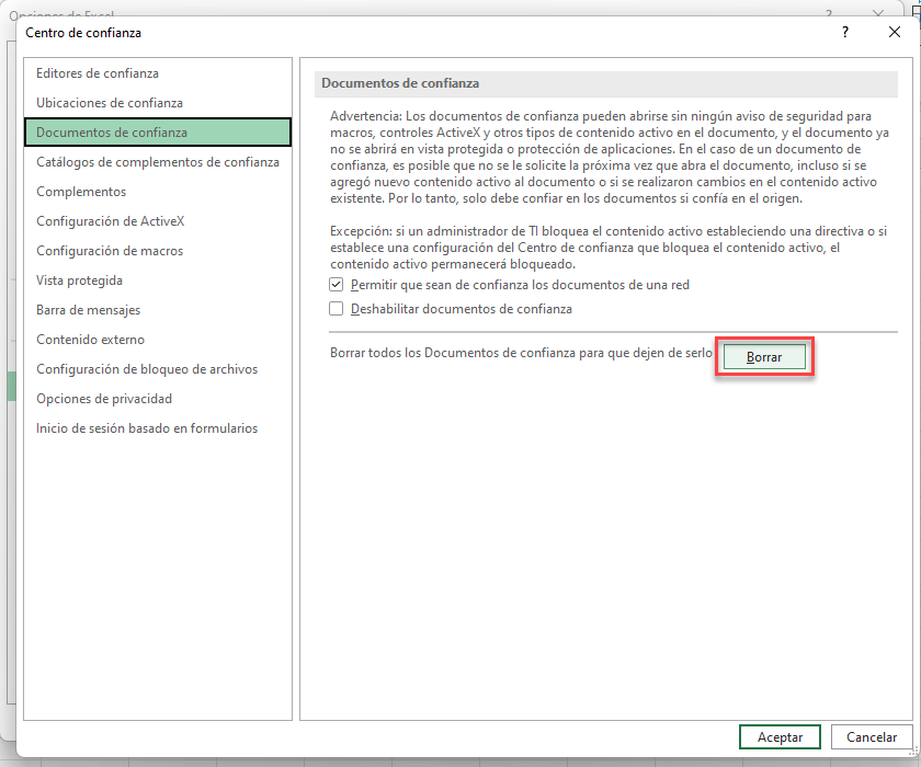 Borrar Documentos de Confianza