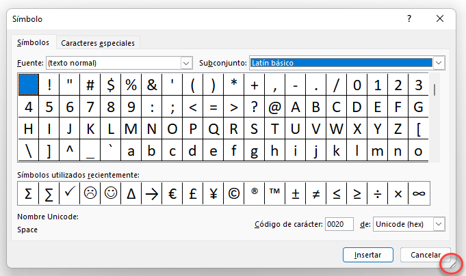 Cuadro Insertar Símbolo en Excel