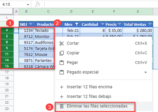 Eliminar Filas Seleccionadas en Google Sheets