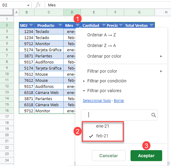 Fltrar Columna Mes en Google Sheets