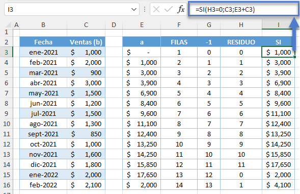 Función SI Ejemplo Restablecer Cada Enésima Fila