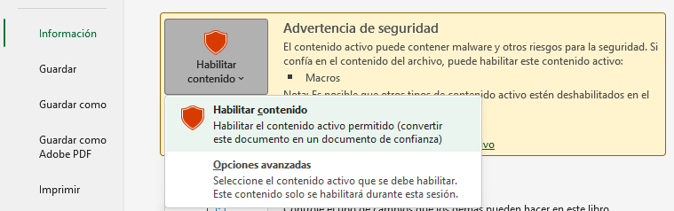 Habilitar Todo el Contenido desde Menú Archivo Información