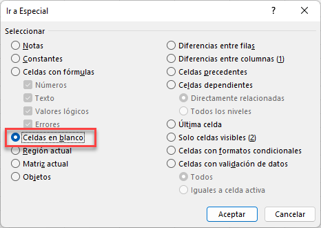 Ir a Especial Celdas en Blanco en Excel