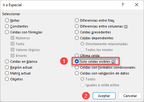 Ir a Especial Solo Celdas Visibles en Excel