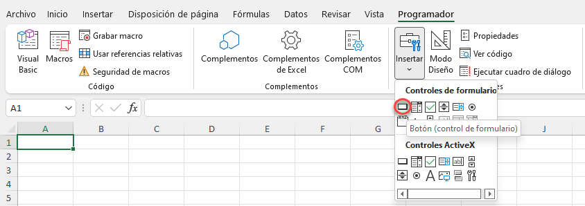 Menú Insertar Botón Control de Formulario