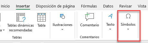 Menú Insertar Símbolos en Excel