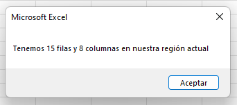 Mostrar Cuenta de Filas y Columnas Región Actual