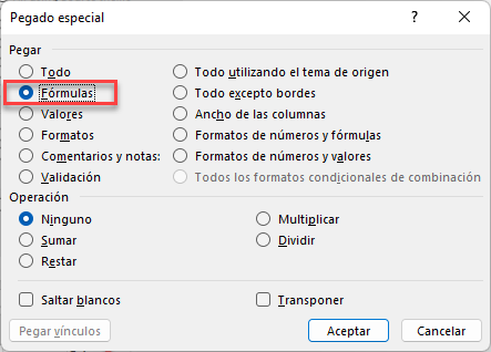 Pegado Especial Fórmulas en Excel