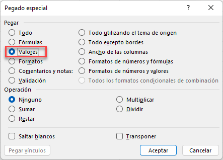 Pegado Especial Solo Valores en Excel