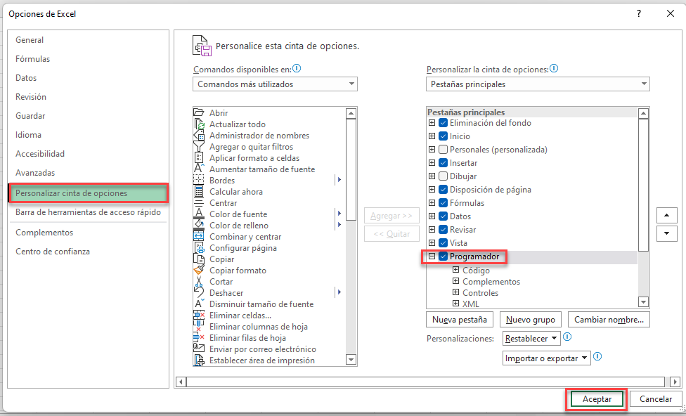 Personalizar Cinta de Opciones