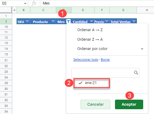 Quitar Filtro en Google Sheets