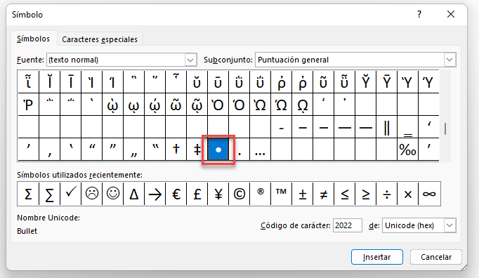 Seleccionar Viñeta e Insertar Simbolo en Excel