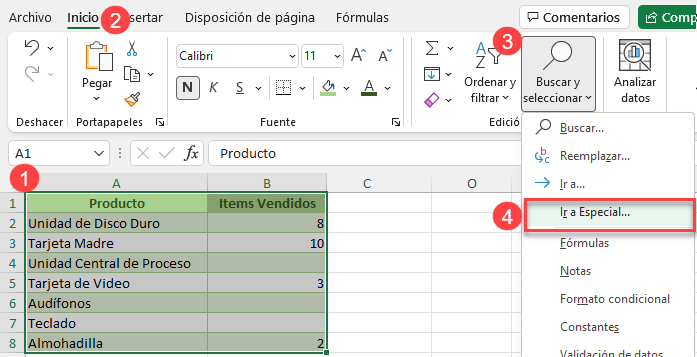 Seleccionar e Ir a Especial en Excel