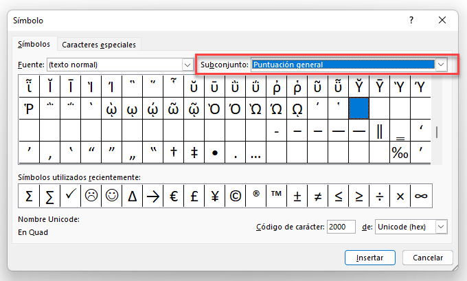 Simbolos Subconjunto Puntuación General en Excel