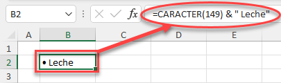 Viñeta más Texto en Celda con Función Caracter en Excel