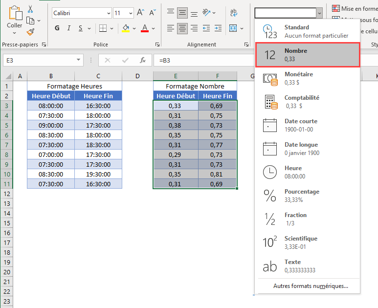 calculer heures travaillees formatage nombre