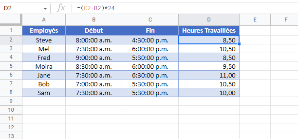 calculer heures travaillees google sheets