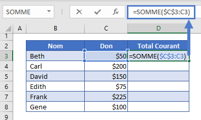 calculer somme courante formule etape 1 premiere cellule