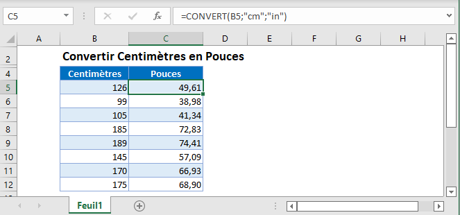 convertir centimetres en pouces fonction principale