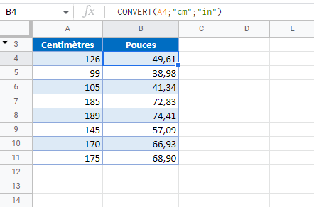 convertir centimetres en pouces google sheets