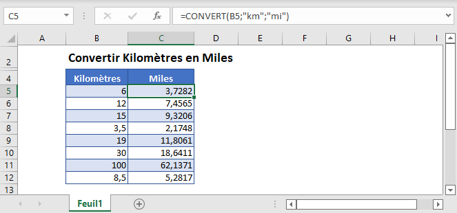 convertir kilometres en miles fonction principale